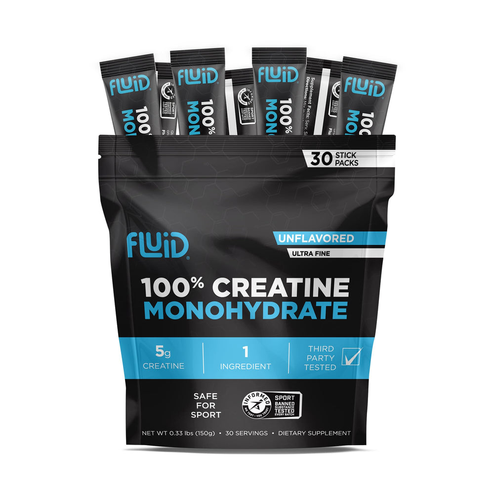 Fluid Creatine travel stick pack shown, convenient for on-the-go supplementation and consistent daily dosing.