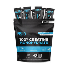 Fluid Creatine travel stick pack shown, convenient for on-the-go supplementation and consistent daily dosing.