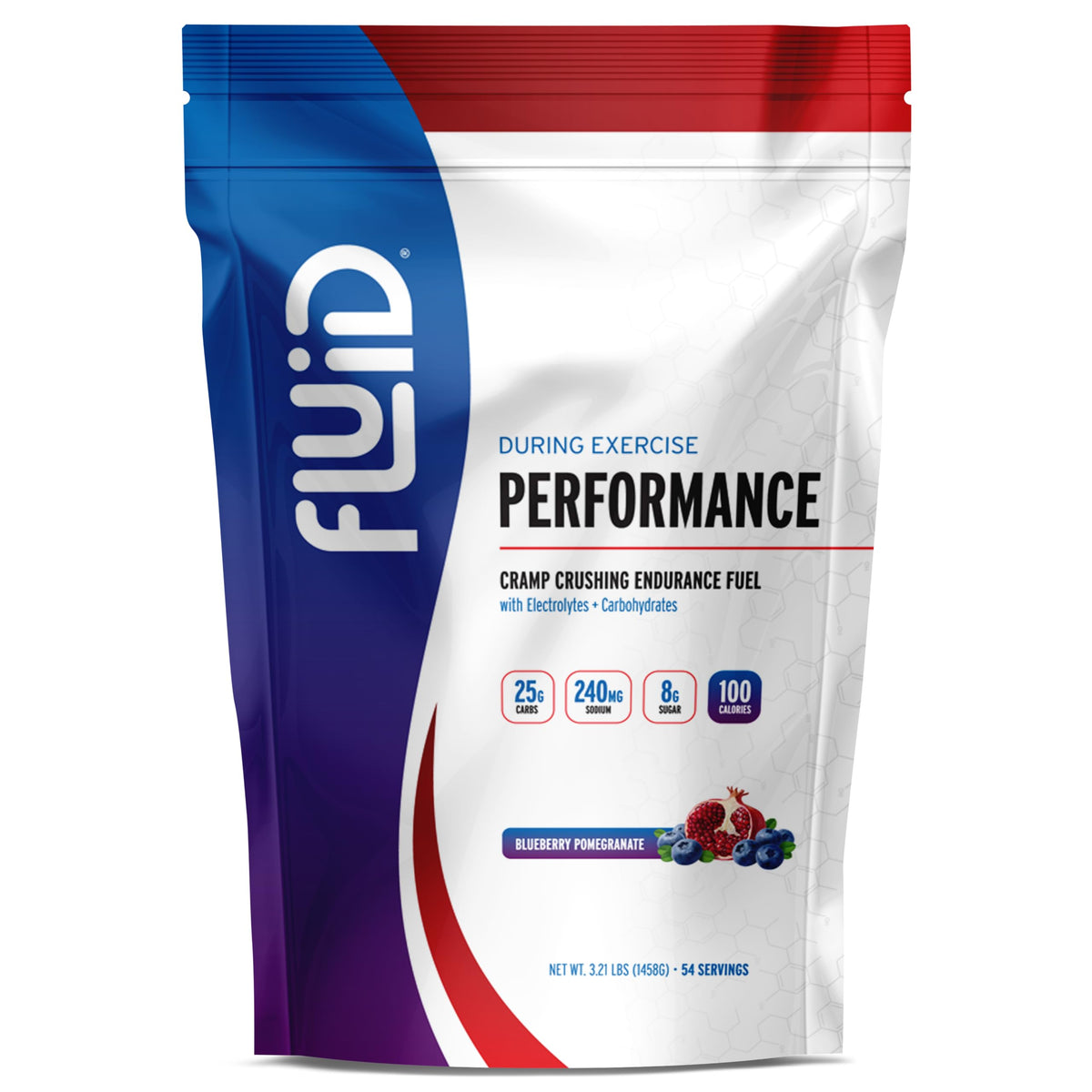 Fluid Performance bottle pouring Blueberry Pomegranate to fuel workouts