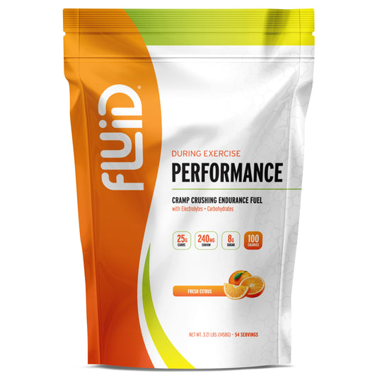 Fluid Performance bottle pour highlights low-sugar energy for training sessions.