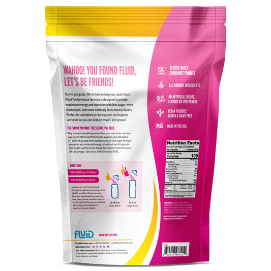 Fluid Performance energy-system diagram highlights a 2:1 glucose-fructose blend for sustained energy.