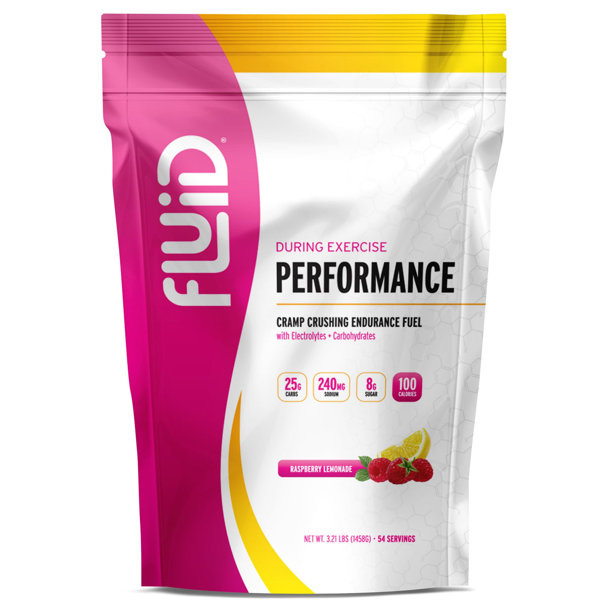 Fluid Performance Raspberry Lemonade bottle shown for refreshing endurance fuel during workouts.