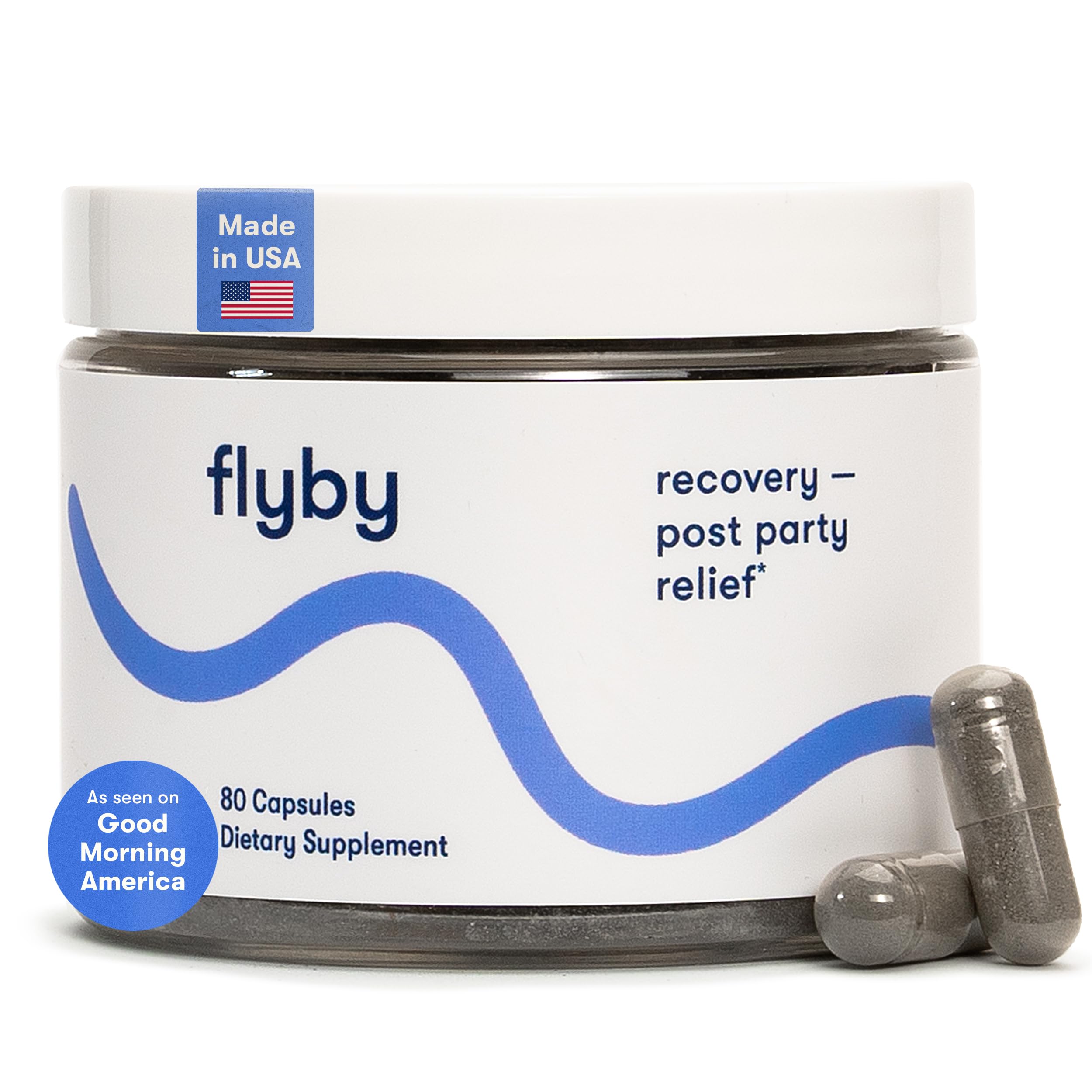 Flyby Recovery bottle label highlights DHM blend for daily wellness.