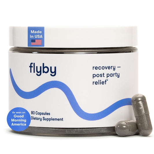 Flyby Recovery bottle label highlights DHM blend for daily wellness.