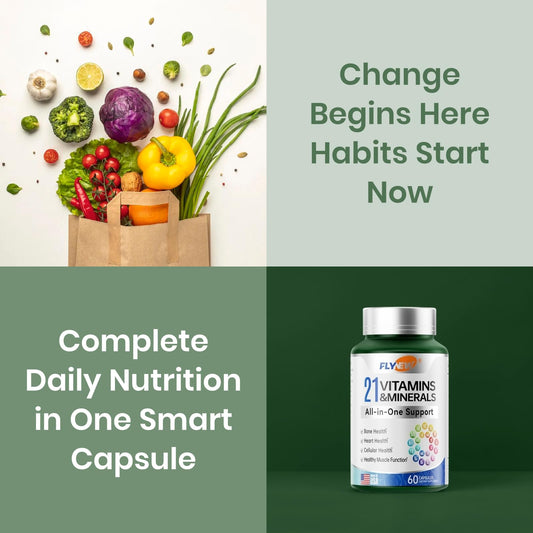 Flynew 21-in-1 multivitamin capsules pouring from bottle for vitality.