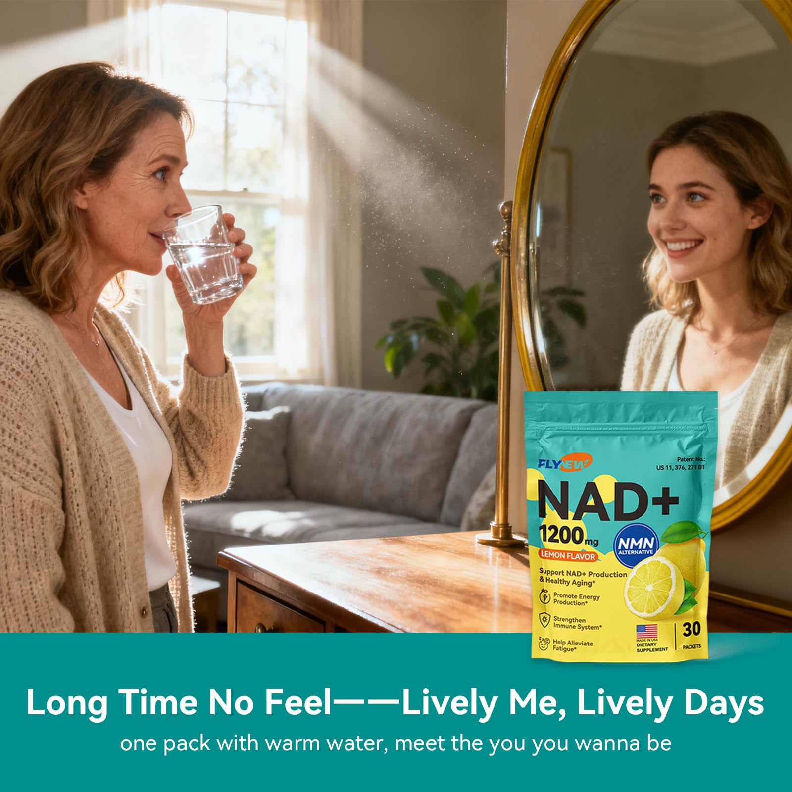 Glass with Lemon Flynew NAD+ drink prepared from powder