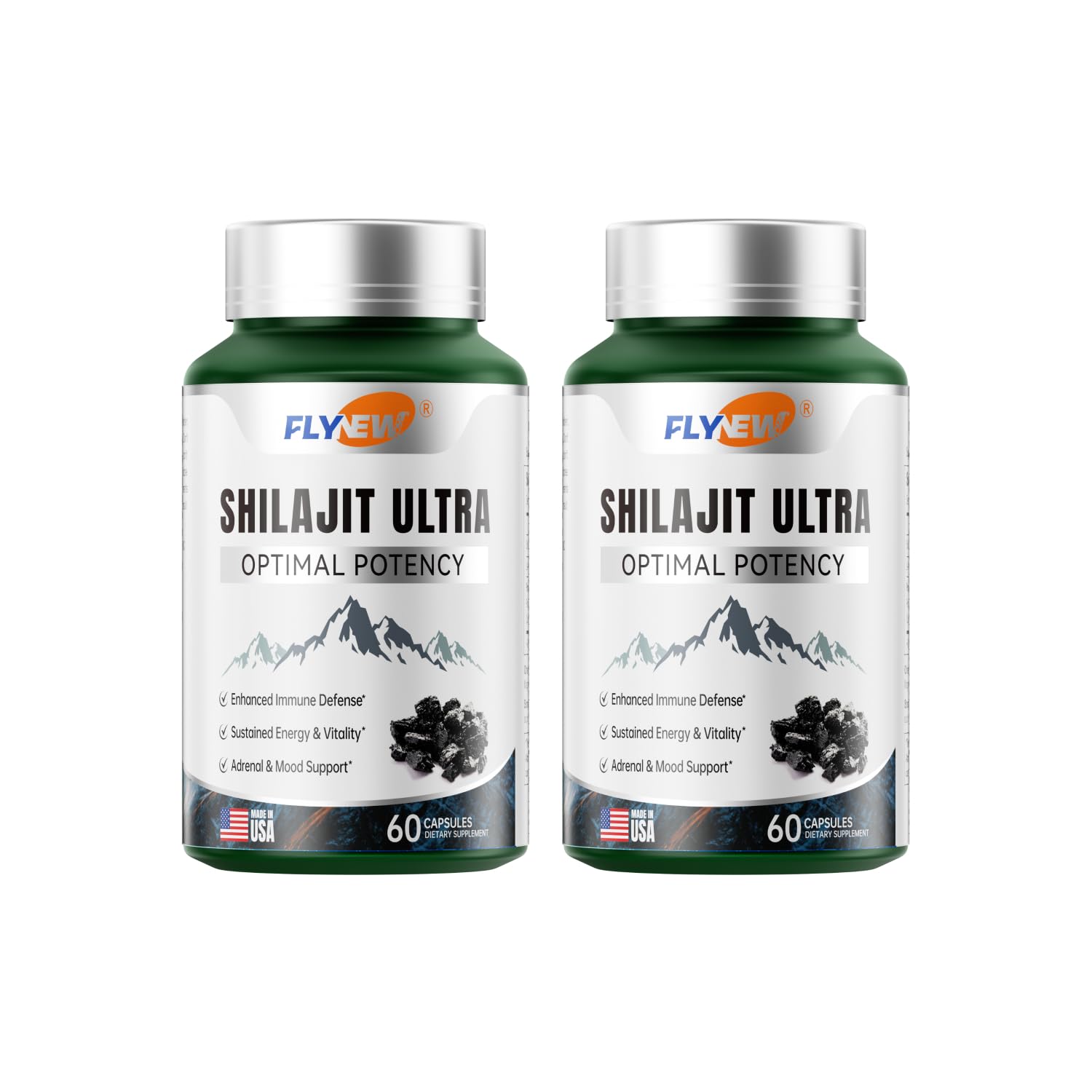 Flynew Shilajit 2-pack front view signaling daily energy support for adults