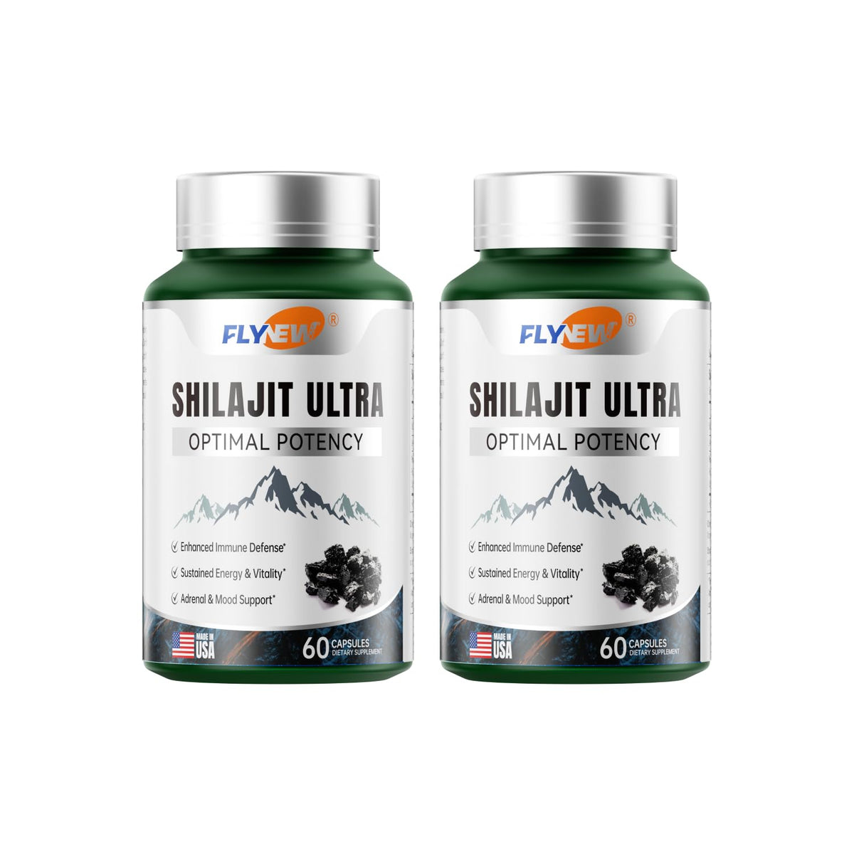 Flynew Shilajit 2-pack front view signaling daily energy support for adults