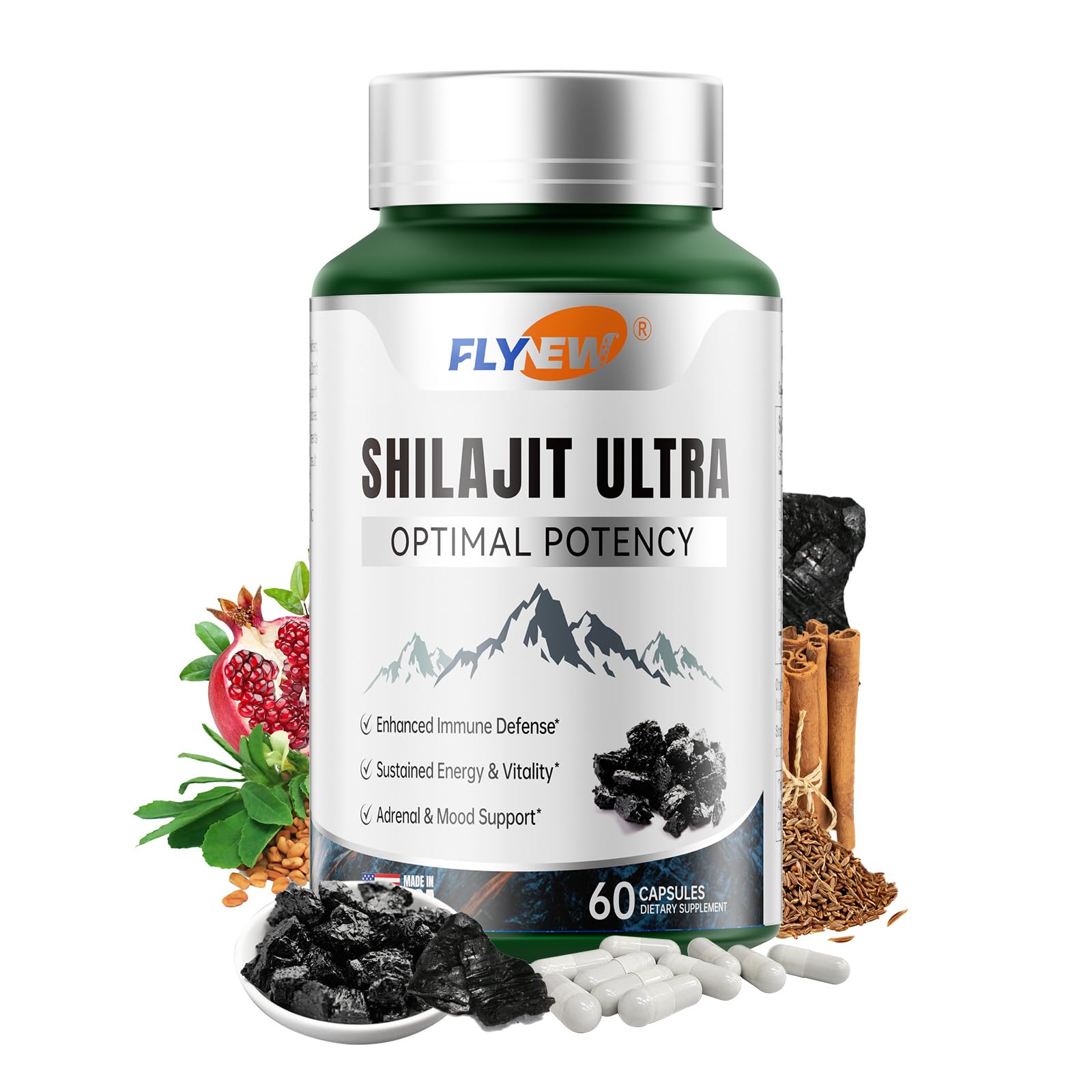 Flynew Shilajit bottle closeup highlighting daily vitality support.