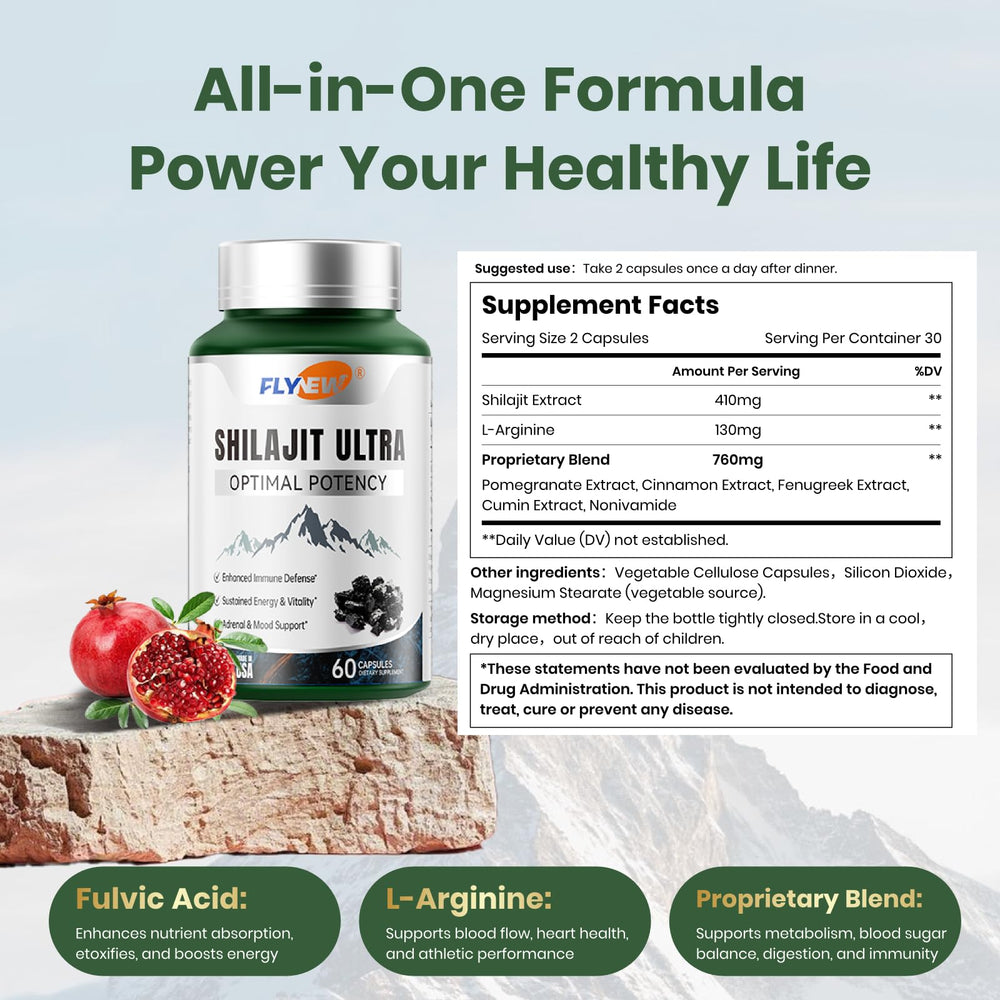Flynew Shilajit USA GMP manufacturing label emphasizing quality control.