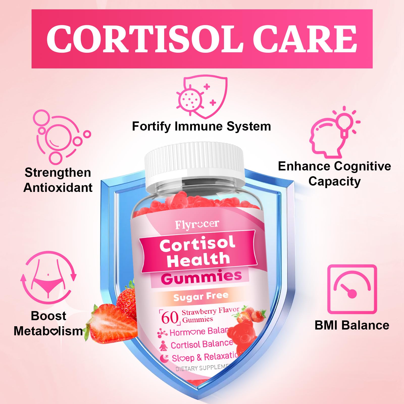Flyrocer Cortisol Detox Gummies label close highlights strawberry flavor and ingredients