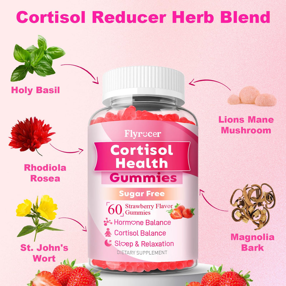 Flyrocer Cortisol Detox Gummies pack display emphasizes 13-in-1 blend for daily resilience