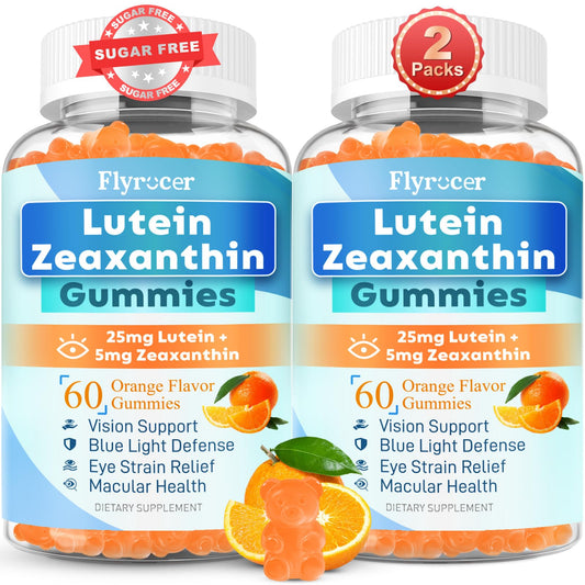 Flyrocer Sugar Free Lutein Gummies bottle shows orange flavor for eye support.