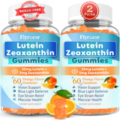 Flyrocer Sugar Free Lutein Gummies bottle shows orange flavor for eye support.
