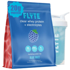 FLYTE Clear Whey Isolate Blue Raspberry bottle showcases grass-fed protein and clear mixability