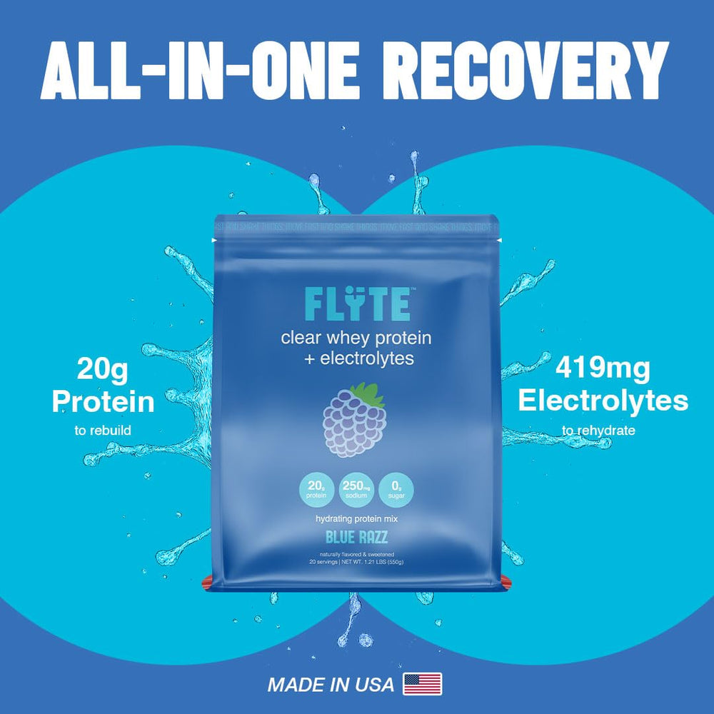 FLYTE Clear Whey Isolate Blue Raspberry poured into glass shows refreshing flavor