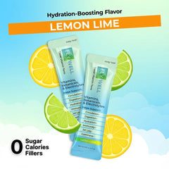 FlyWell lemon-lime powder packet ready to mix for refreshing hydration on trips.