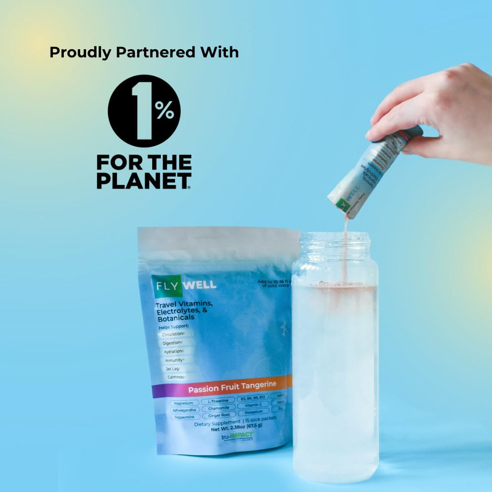 FlyWell powder being poured into a glass to stay hydrated during flights.