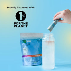 FlyWell powder being poured into a glass to stay hydrated during flights.