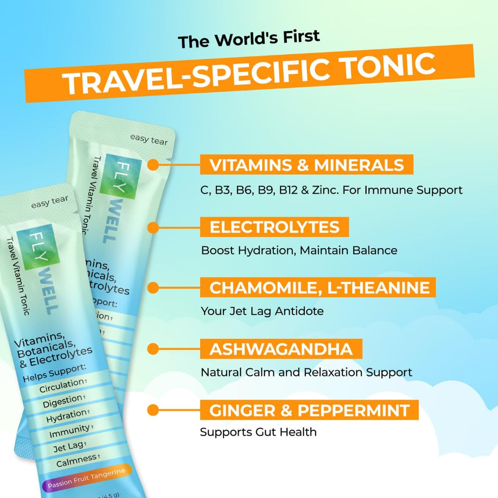 FlyWell Travel Tonic stick dissolving in water for a refreshing boost.