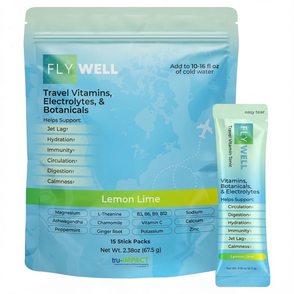 FlyWell travel vitamin tonic packet pour for on-the-go refreshment during flights.