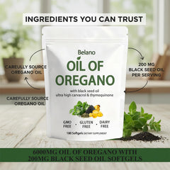 FMRFMR Belano oregano oil softgel label shows ingredients and sizing