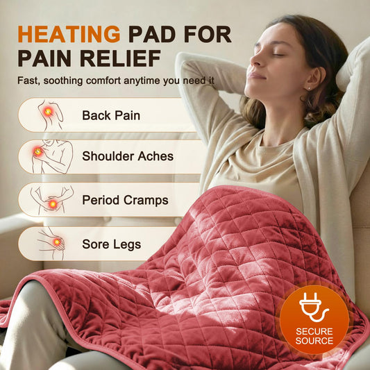 Focbeo electric heating pad in a living room scene highlighting dry heat therapy.