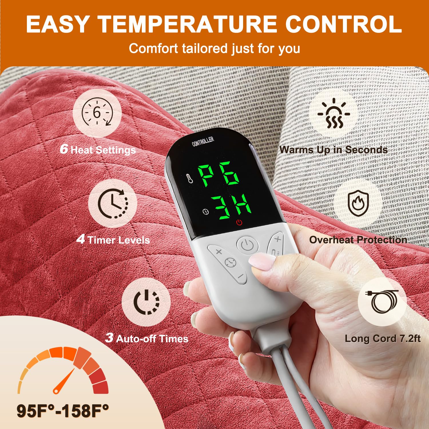 Focbeo heating pad with adjustable temperature and digital display for precise control.