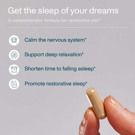 FOCL Restful Night capsules close-up highlighting six natural ingredients for gentle sleep.