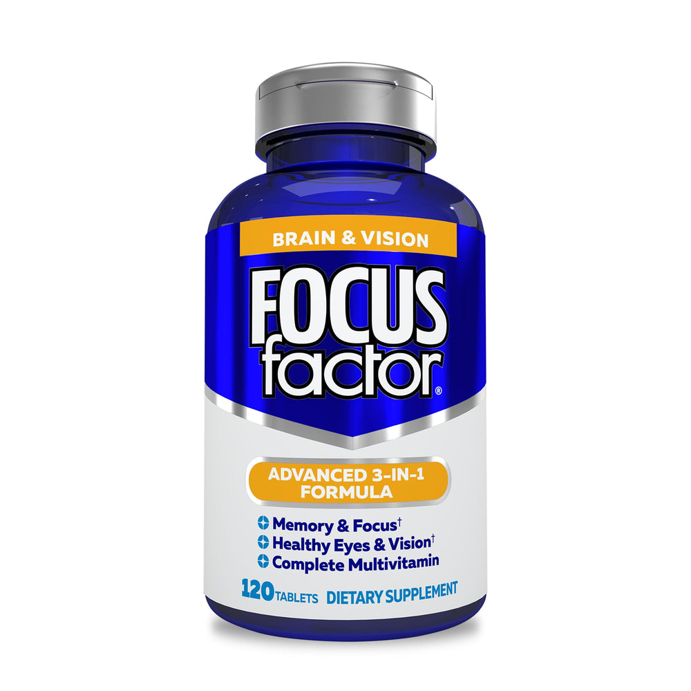 Focus Factor bottle-front view showing brain and vision support packaging.