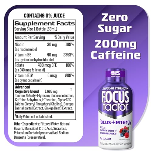 Focus Factor bottle label Berry Twang highlights caffeine and nootropic blend for mental energy.