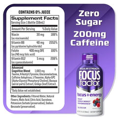 Focus Factor bottle label Berry Twang highlights caffeine and nootropic blend for mental energy.