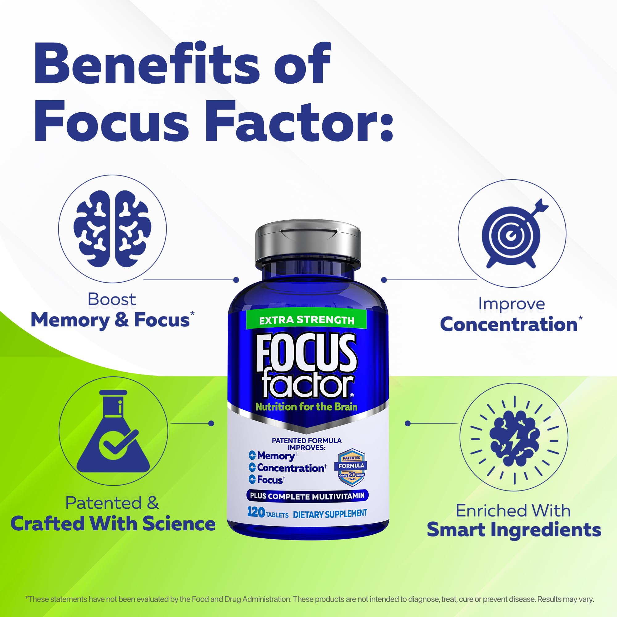 Focus Factor DHA and vitamin D packaging for brain nutrition.
