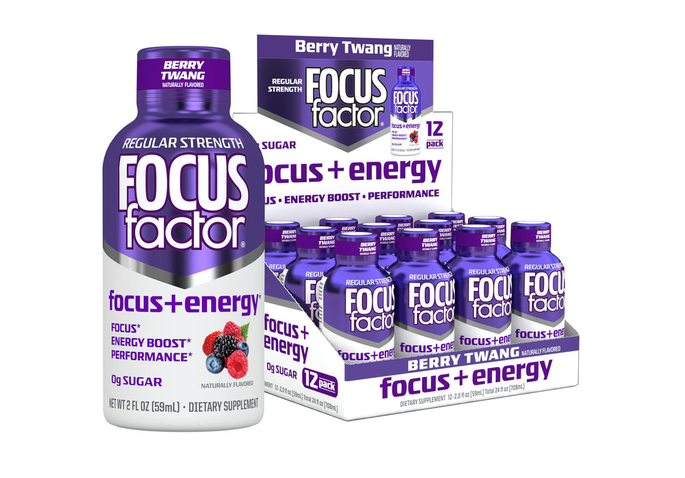 Focus Factor Focus and Energy Shot Berry Twang bottle ready for quick focus on the go.