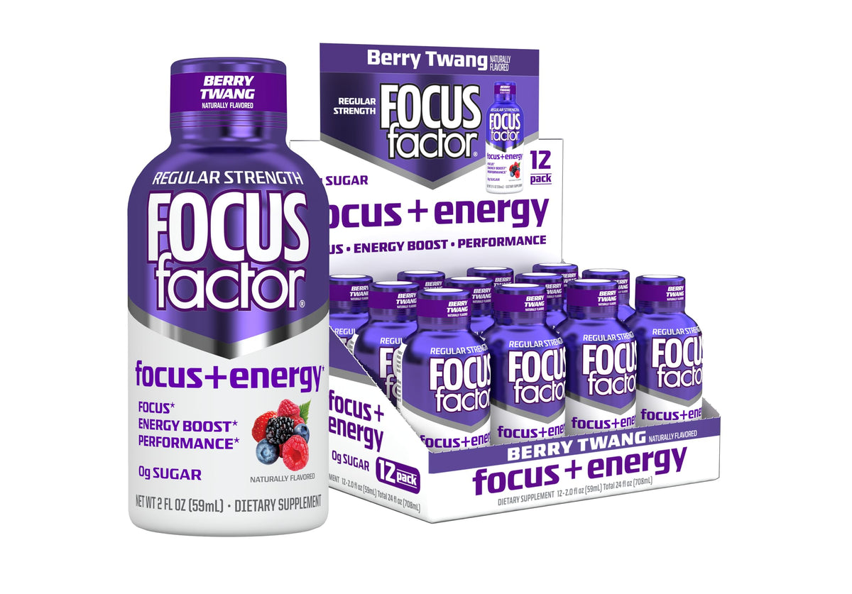 Focus Factor Focus and Energy Shot Berry Twang bottle ready for quick focus on the go.