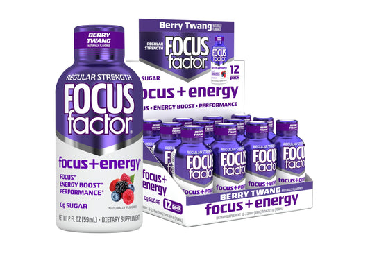 Focus Factor Focus and Energy Shot Berry Twang bottle ready for quick focus on the go.