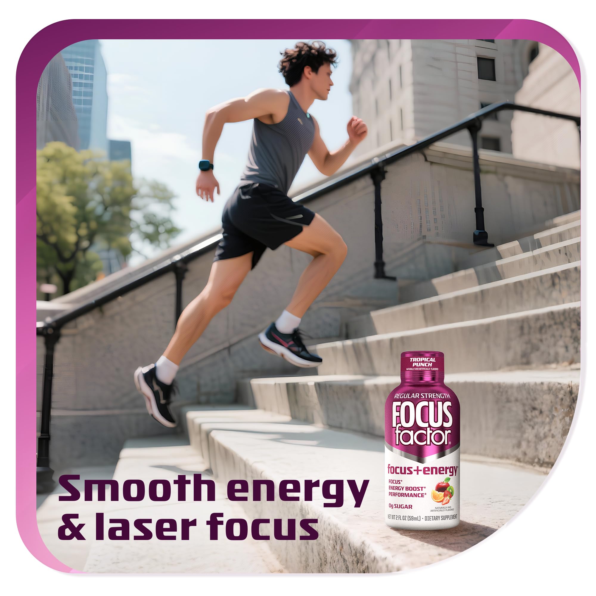 Display of Focus Factor Focus + Energy Shot Tropical Punch for busy professionals.
