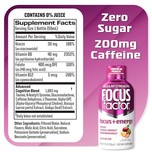 Close-up of Focus Factor Focus + Energy Shot Tropical Punch bottle highlighting caffeine and nootropic blend for focus.