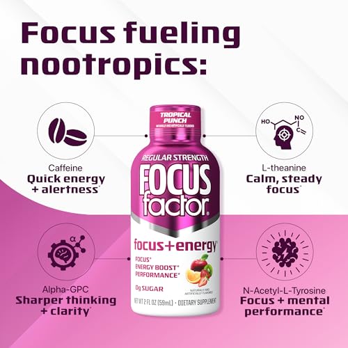 Bottle being poured of Focus Factor Focus + Energy Shot Tropical Punch for on-the-go energy.