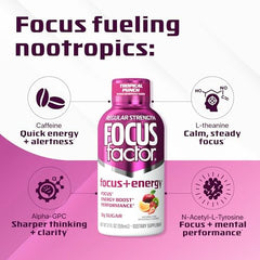 Bottle being poured of Focus Factor Focus + Energy Shot Tropical Punch for on-the-go energy.