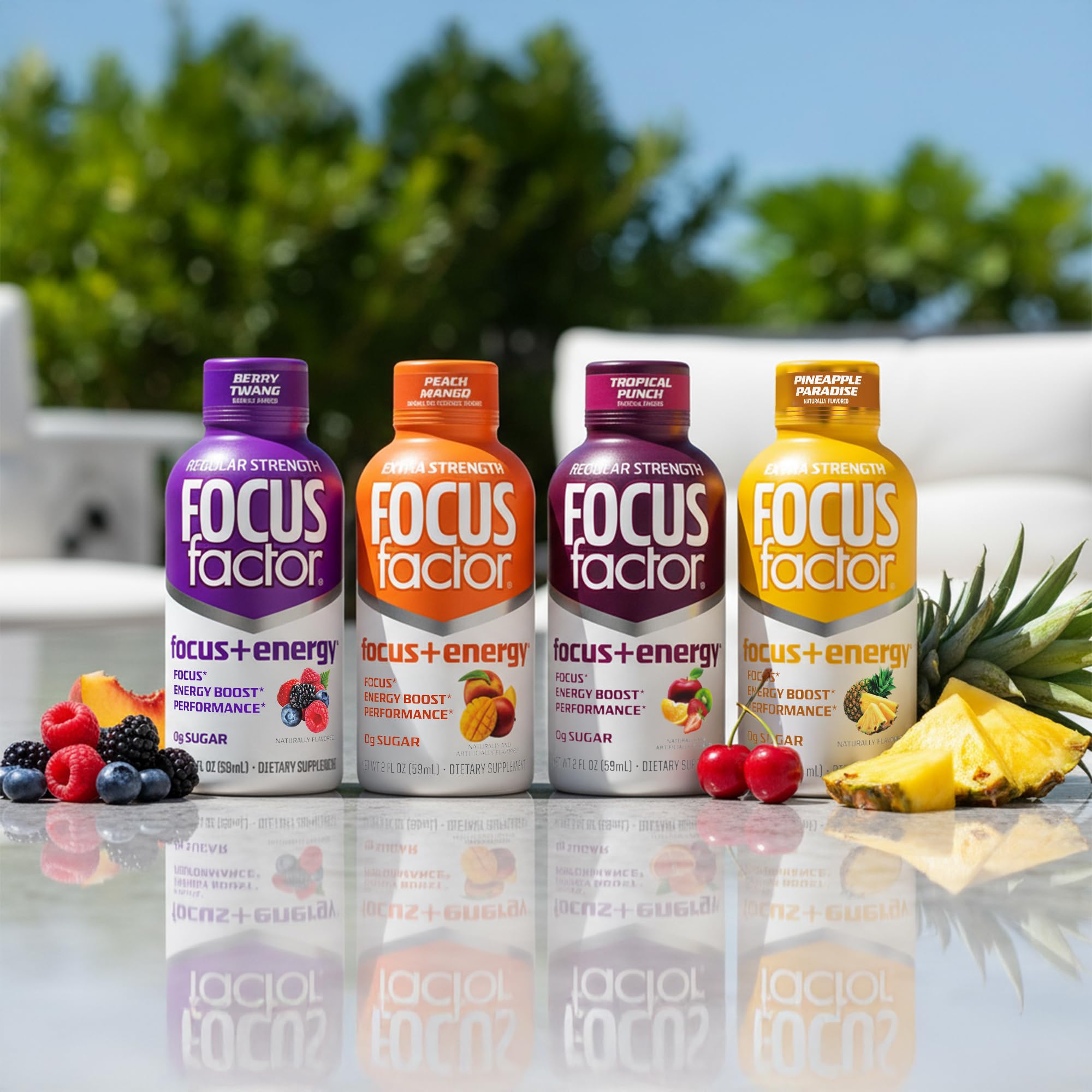 Morning kitchen scene with Focus Factor Tropical Punch bottle for focus before work.