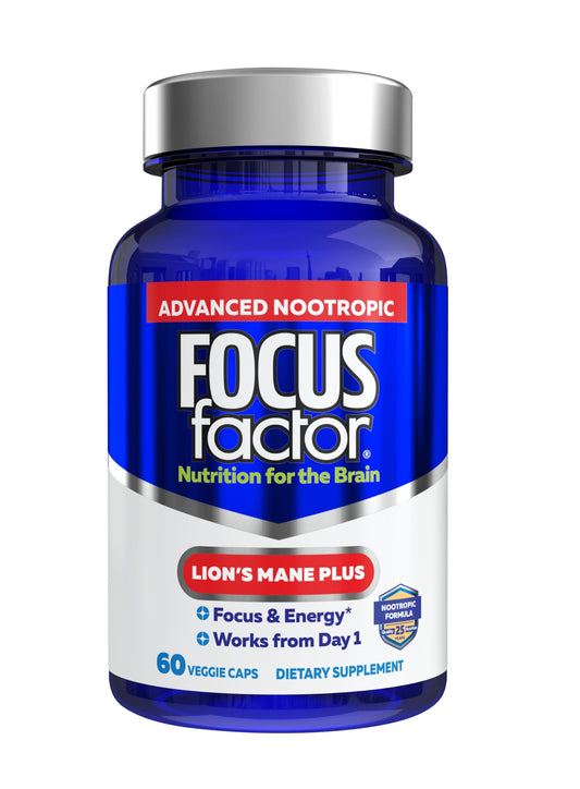 Focus Factor Lions Mane Plus bottle close-up showing 60 vegetarian capsules for daily focus