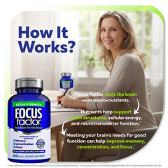 Focus Factor pharmacist-recommended badge on packaging for trust.