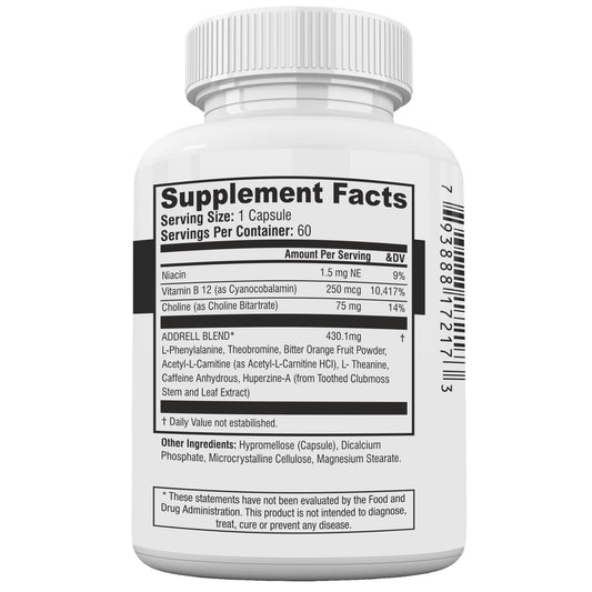 Focus Pep Addrell capsules close-up showing natural nootropics for mental clarity.