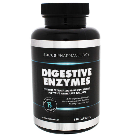 Focus Pharmacology digestive enzymes bottle for nutrient support after meals.