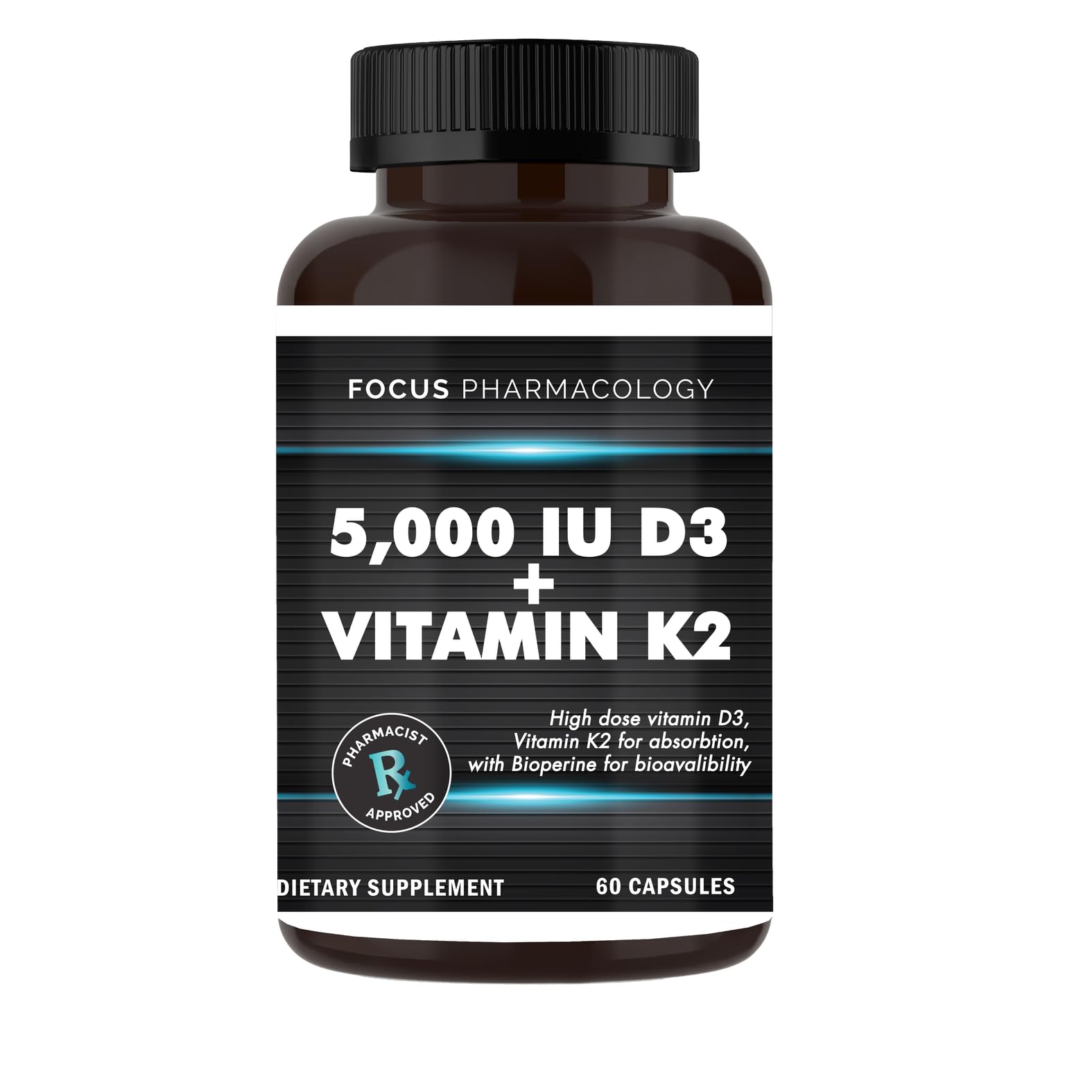Focus Pharmacology Vitamin D3 K2 5000 IU bottle front view for calcium balance.