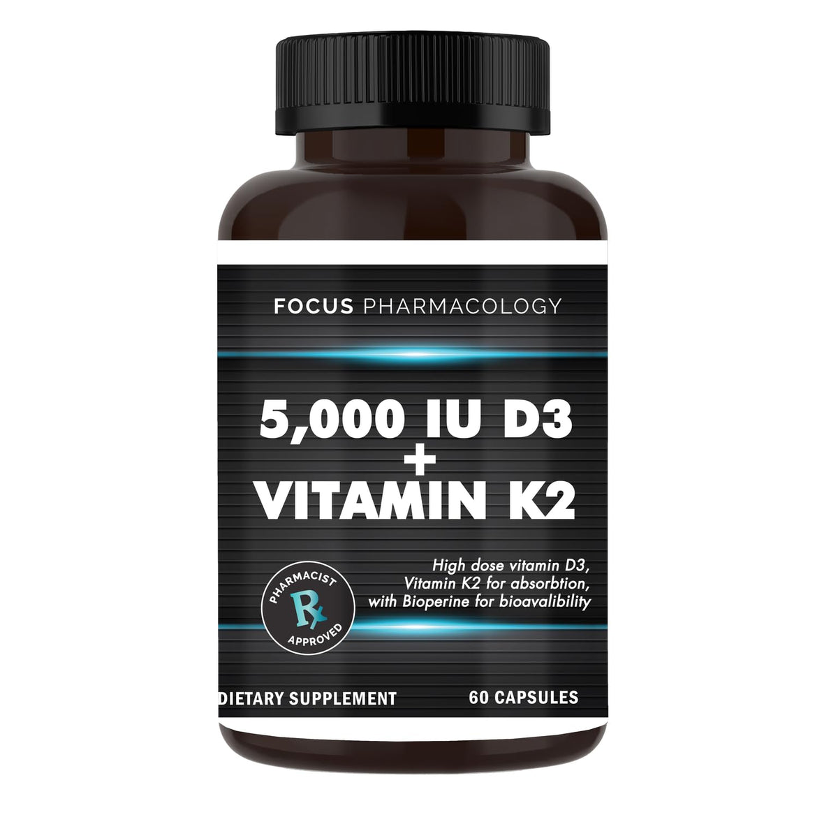 Focus Pharmacology Vitamin D3 K2 5000 IU bottle front view for calcium balance.