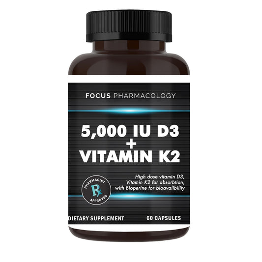 Focus Pharmacology Vitamin D3 K2 5000 IU bottle front view for calcium balance.