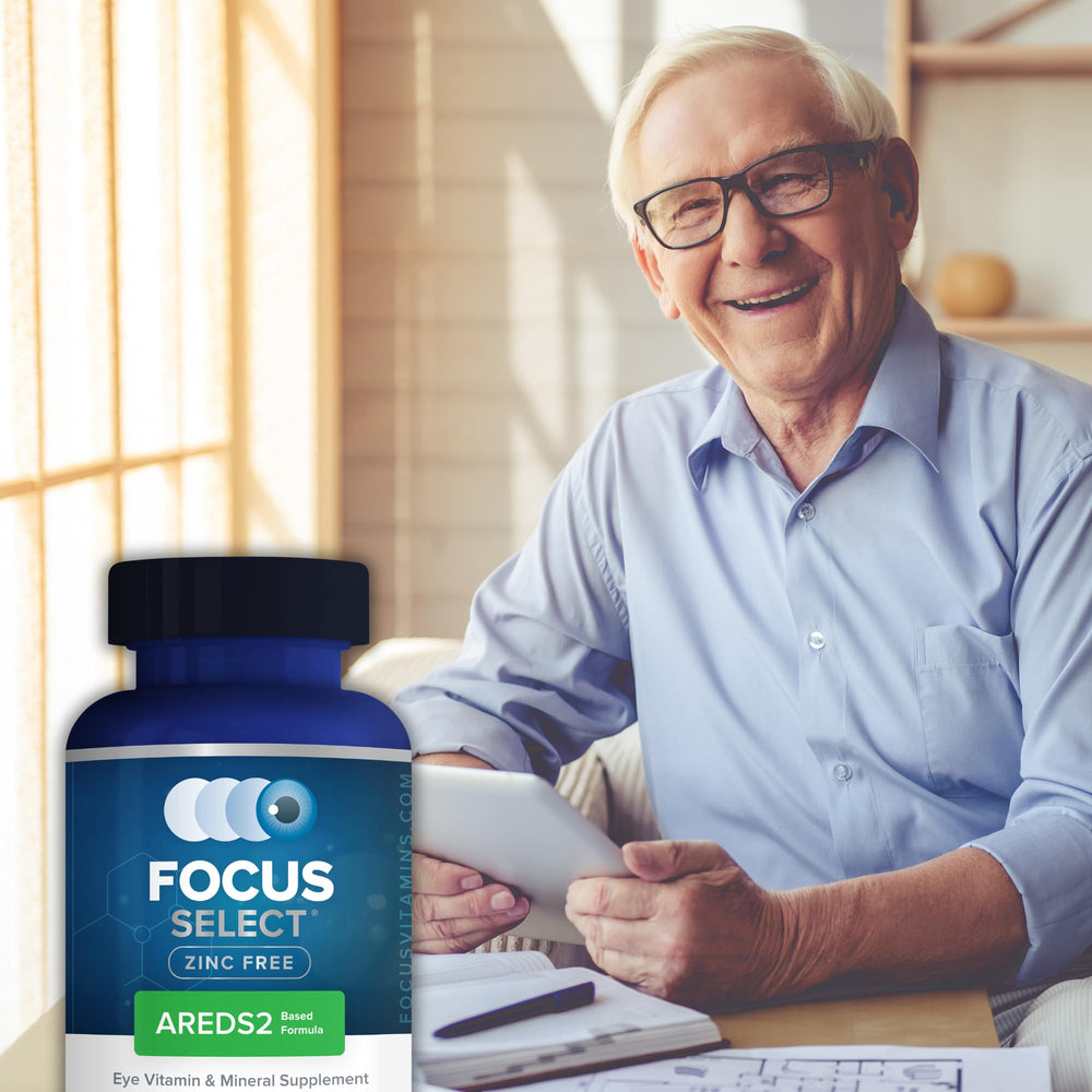 Daily-use setup with Focus Vision Focus Select softgels and a glass of water.