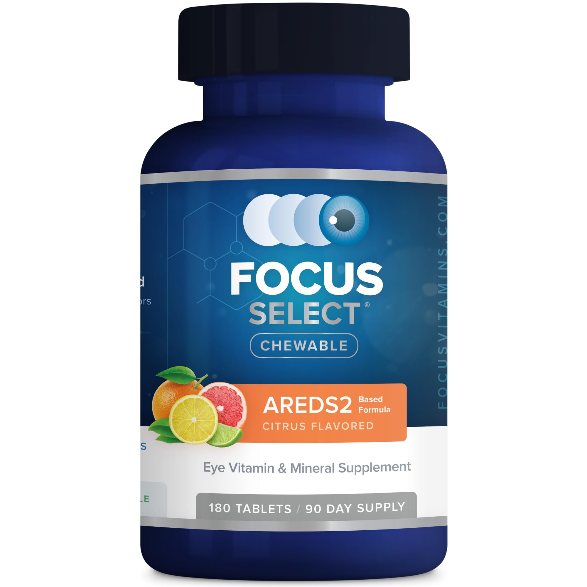 Focus Vision Focus Select AREDS2 chewable bottle-front shows citrus flavor for daily eye support.